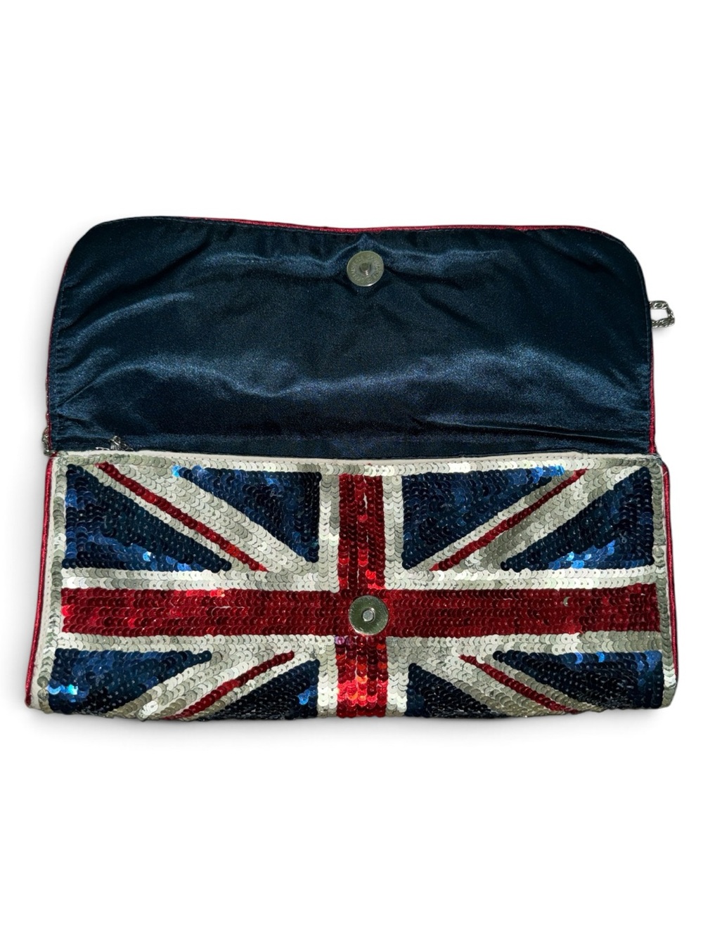 Sequin Union Jack British Clutch Shoulder Bag - Blue Red Silver - Picture 2 of 4